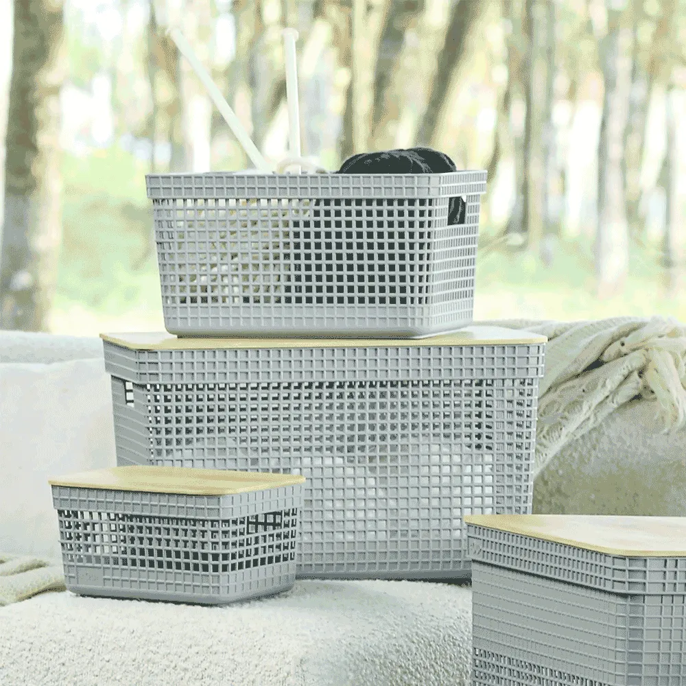 Cesto Organizador Grid com Tampa de Bambu Bege Ou — foto 4