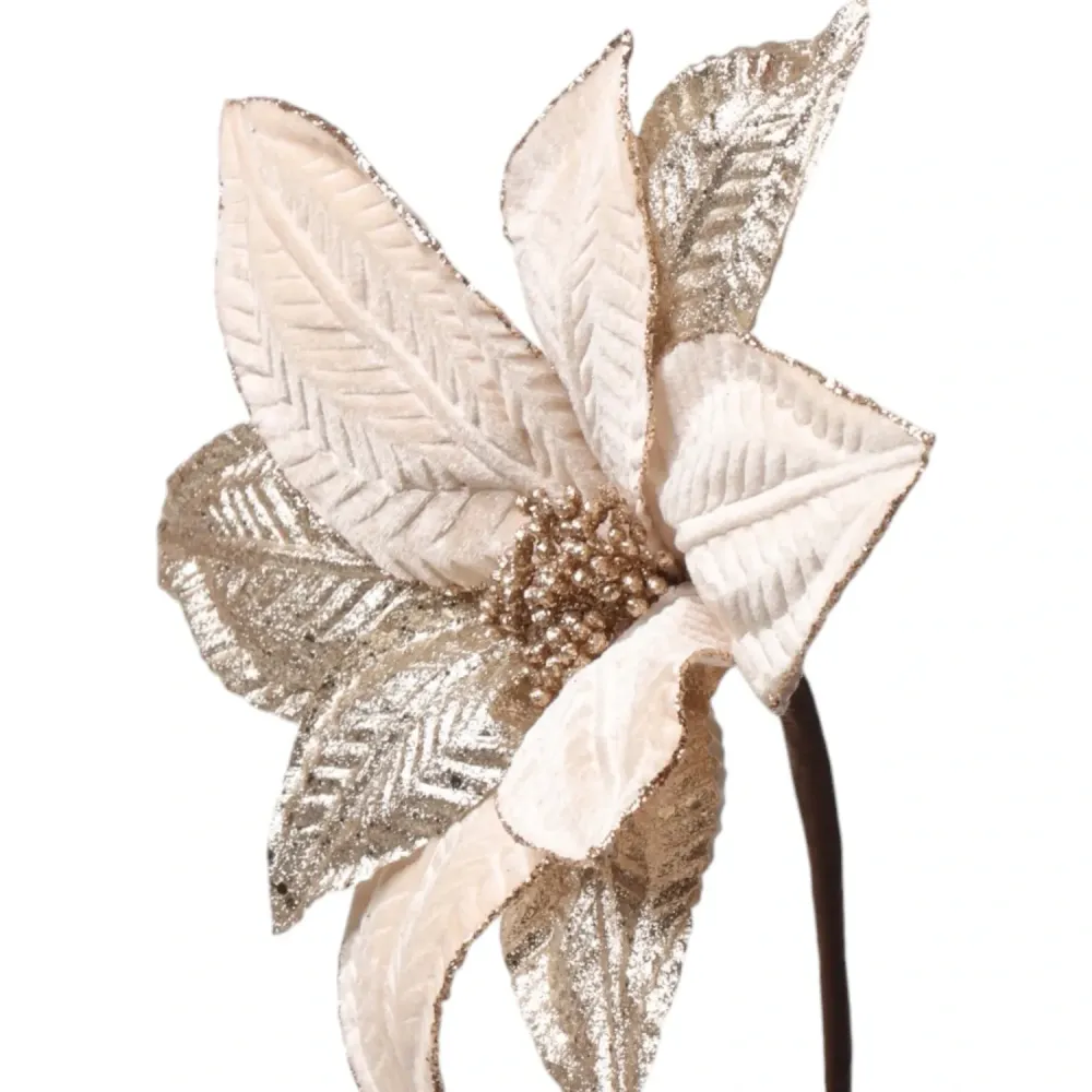 Flor Poinsetia Decorativa Natal 30cm Marfim Ouro Cromus — foto 3